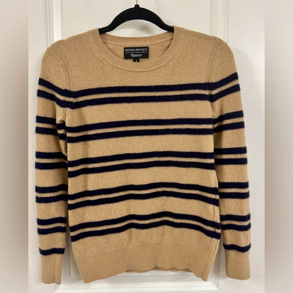 Banana Republic Beige and Navy Striped Crewneck Sweater